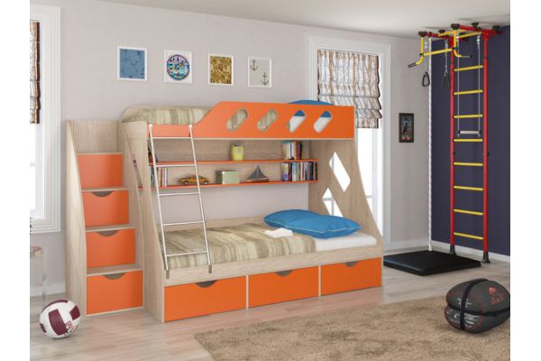 Кровать двухъярусная Дельта-20.01 с лестницей оранжевая