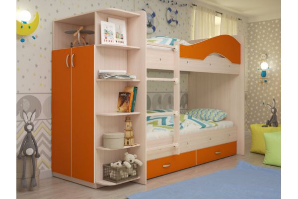 Кровать 2-х ярусная Мая с ящиками и шкафом оранж