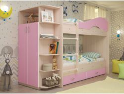 Кровать 2-х ярусная Мая с ящиками и шкафом розовая