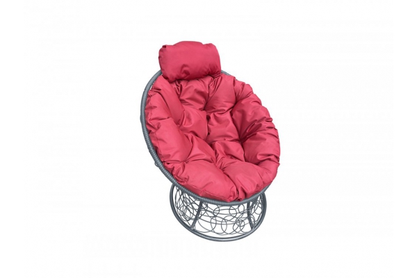 Кресло Папасан мини с ротангом каркас серый-подушка красная