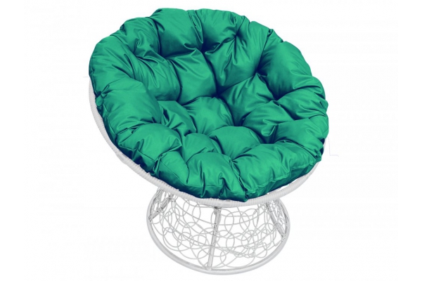 Кресло Папасан с ротангом каркас белый-подушка зелёная