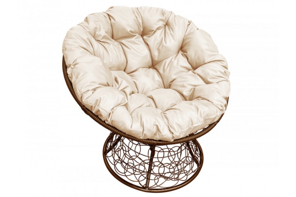 Кресло Папасан с ротангом каркас коричневый-подушка бежевая