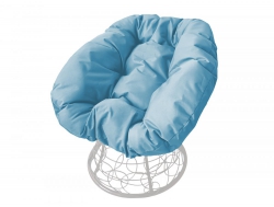 Кресло Пончик с ротангом каркас белый-подушка голубая
