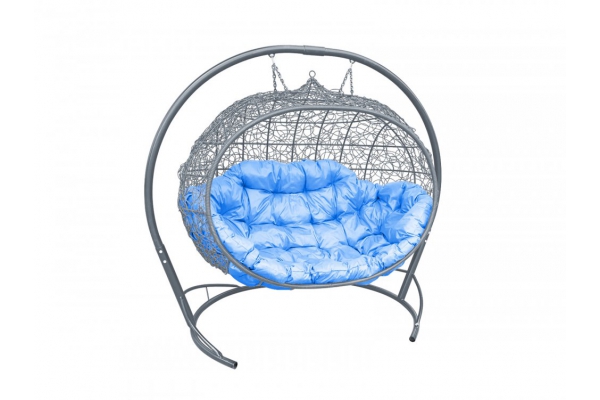 Подвесной диван Кокон Улей каркас серый-подушка голубая