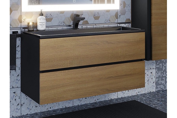 Тумба с раковиной Uperwood Barsa 100 см раковина черный глянец-тумба черная/дуб сонома