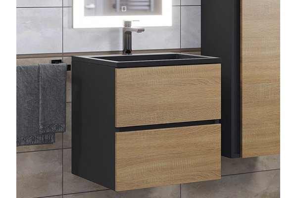 Тумба с раковиной Uperwood Barsa 50 см раковина черный глянец-тумба черная/дуб сонома